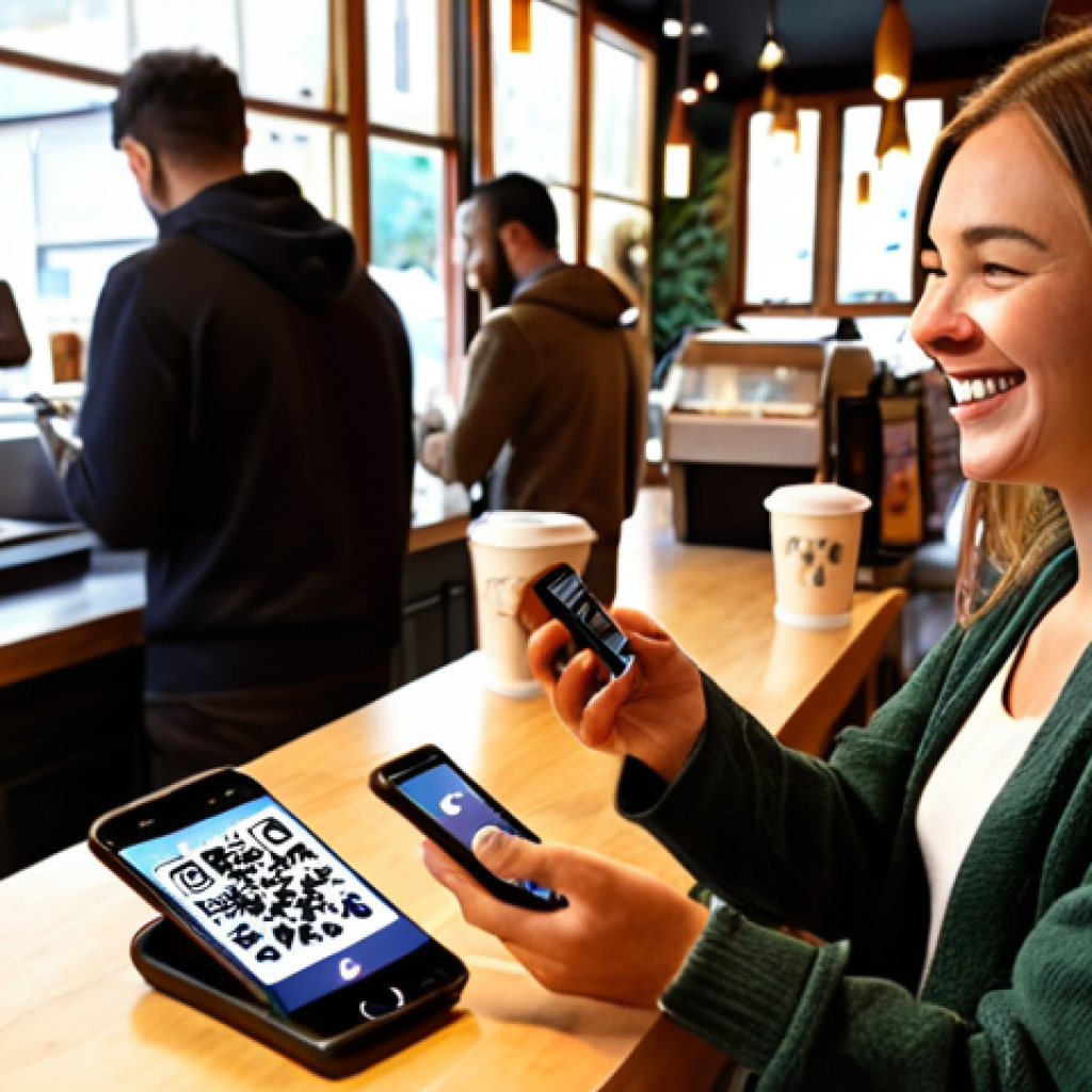 NFT Loyalty Program at a Coffee Shop**

A vibrant, modern coffee shop scene. A customer uses a smartphone to scan a QR code at the counter. A digital display shows a stylized NFT coffee bean graphic with the coffee shop's logo. In the background, other customers are enjoying their coffee, some looking at their phones with smiles. The overall mood is welcoming and tech-savvy. Emphasis on warm lighting and inviting atmosphere.

**