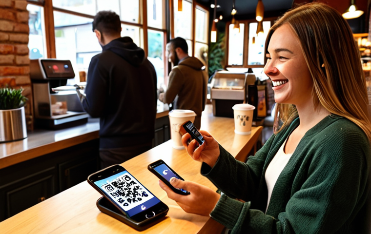 NFT Loyalty Program at a Coffee Shop**

A vibrant, modern coffee shop scene. A customer uses a smartphone to scan a QR code at the counter. A digital display shows a stylized NFT coffee bean graphic with the coffee shop's logo. In the background, other customers are enjoying their coffee, some looking at their phones with smiles. The overall mood is welcoming and tech-savvy. Emphasis on warm lighting and inviting atmosphere.

**